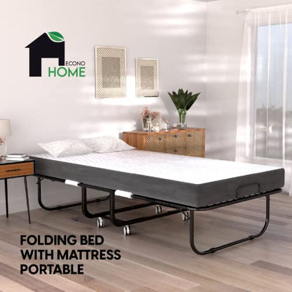 Folding Bed with Mattress - 75x31 Cot Size Frame - Portable Rollaway Guest Bed with 5-inch Memory Foam Mattress - Space-Saving Foldable Design for Easy Storage (31 Inch)