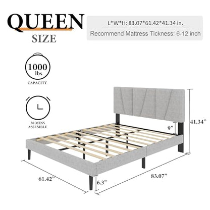 Queen Size Platform Bed Frame with Upholstered Headboard, Wooden Slats Support, view 3