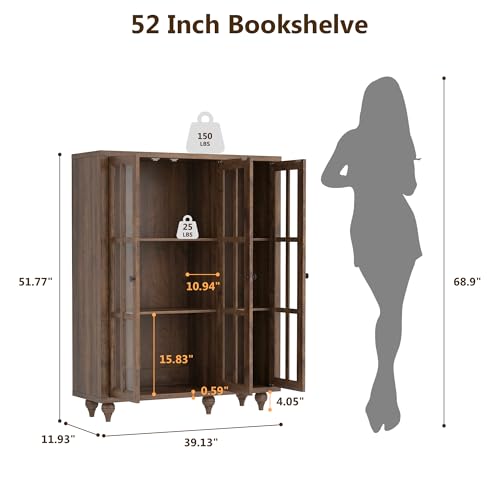 51" Farmhouse Glass-Door Bookshelf with Adjustable Shelves — 3-Tier Display, view 3