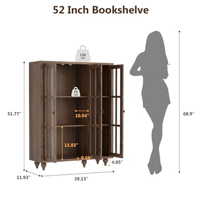 51" Farmhouse Glass-Door Bookshelf with Adjustable Shelves — 3-Tier Display, view 3