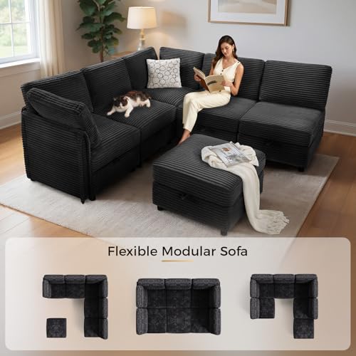 Modular Sectional Sofa V-Shaped 6 Seater Couch with Storage Ottoman, Convertible L/J-Shaped Couch and Sofa Bed Plush Wide-Wale Corduroy for Living Room, Apartment, Modern Design, Black