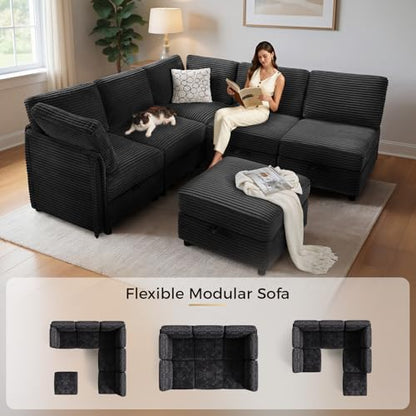 Modular Sectional Sofa V-Shaped 6 Seater Couch with Storage Ottoman, Convertible L/J-Shaped Couch and Sofa Bed Plush Wide-Wale Corduroy for Living Room, Apartment, Modern Design, Black