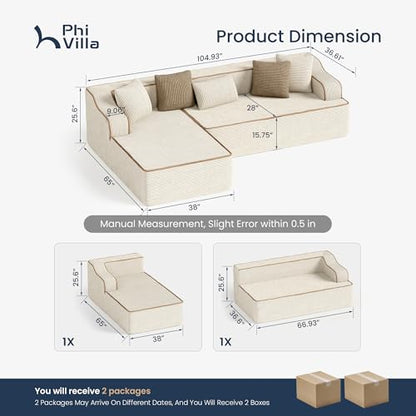 104" Cloud Sectional Sofa, Modern L-Shaped Couch with Deep Seat, Compressed Couches for Apartment Living Room, No Assembly Required, Corduroy, Beige
