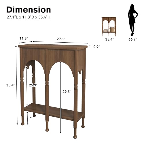 Console Table with Storage Shelf, 28" Retro 2-Tier Entryway Table, Wooden Sofa Table with Roman-Style Legs for Living Room, Hallway, Brown