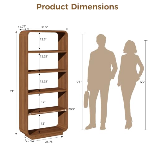 5-Tier Bookshelf, 71" Tall Bookcase, Open Display Shelves, Walnut, view 3