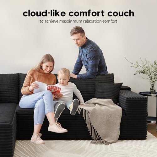 139.4" Modular Sectional Sofa, U-Shaped Minimalist Couches with 2 Ottomans Chaise, Modern Deep Seat Convertible Sleeper Sofa Bed,Cloud Plush Corduroy Fabric, No Assembly Required, 6 Seater, Black
