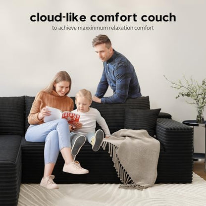 139.4" Modular Sectional Sofa Couch, Oversized U-Shaped Minimalist Couches with 2 Ottomans Chaise and 2 Middle Seats, Modern Deep Seat Cloud Plush Corduroy Sofas Set for Living Room, 8 Seater, Black