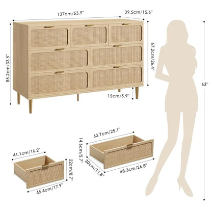 Rattan 7 Drawer Dressers for Bedroom, Tall Dresser with Deep Drawers, Large Chest of Drawers for Closet with Wide Top, Long Wooden Dresser for Living Room, Hallway, Kids Room, Natural