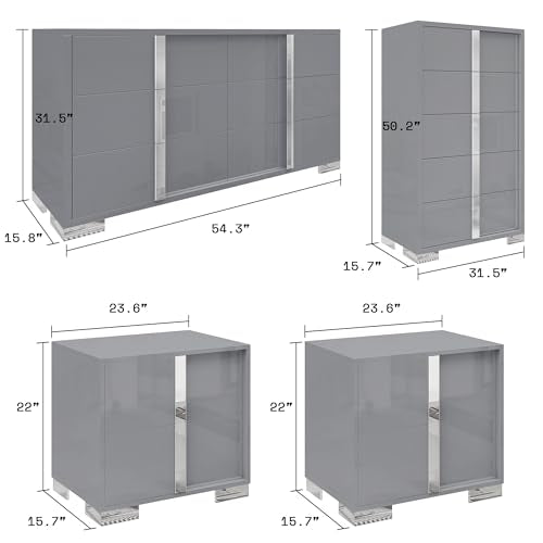4 Piece Bedroom Dresser Set, Modern High Gloss UV Finish, 2 Nightstands, Chest of 5 Drawers & 6-Drawer Dresser, Electroplated Metal Handles, Bedroom Furniture Set, Grey