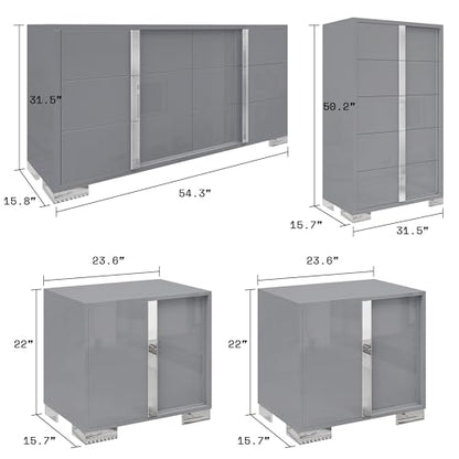 4 Piece Bedroom Dresser Set, Modern High Gloss UV Finish, 2 Nightstands, Chest of 5 Drawers & 6-Drawer Dresser, Electroplated Metal Handles, Bedroom Furniture Set, Grey