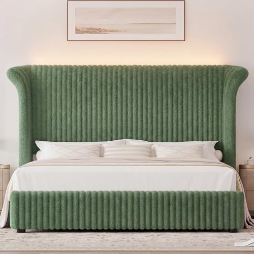 Queen Faux-Fur Upholstered Bed Frame with 54" Channeled Wingback Headboard, view 4
