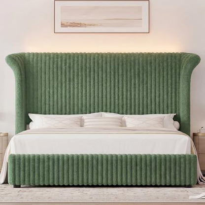 Queen Faux-Fur Upholstered Bed Frame with 54" Channeled Wingback Headboard, view 4