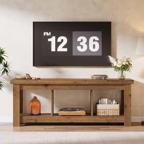 63" Solid Wood TV Stand for 55/60/65/75-Inch TVs, Farmhouse TV Table Entertainment Center with Open 3 Storage Shelves, Rustic Brown Television Console for Living Room, Bedroom