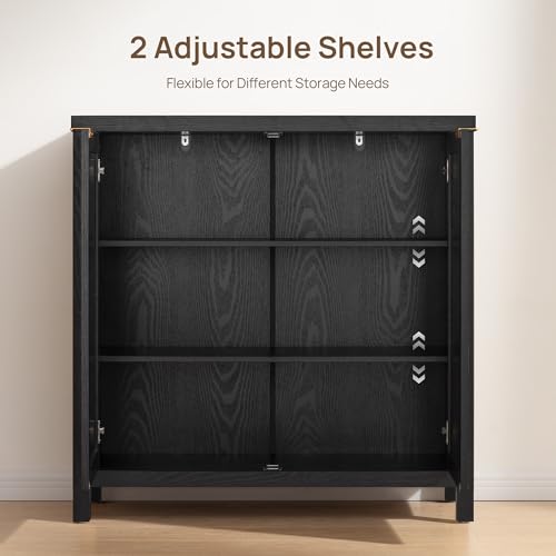 Sideboard Buffet Storage Cabinet - Boho Rattan Credenza Coffee Bar Cabinet with Large Storage, Farmhouse Console Buffet Table for Kitchen Living Room Entryway - 2 Black Pieces