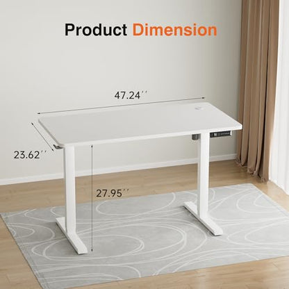 Electric Standing Desk, 47 x 24 Inches Height Adjustable Desk with Removable Casters, Home Office Computer Desk (White)