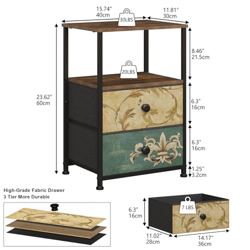 Nightstand with 2 Fabric Drawers Retro Flower End Table Side Table with Open Storage Shelf for Bedroom Living Room Sofa Beside Vintage