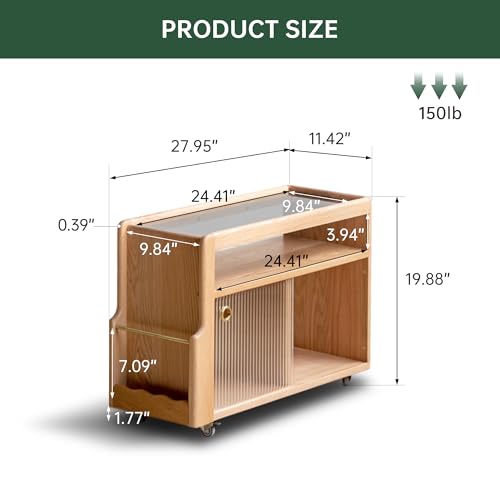 Solid Wood Narrow Side Table with Storage, End Table with Magazine Rack & Glass Door Cabinet, Small Couch Side Table for Living Room, Narrow Nightstand for Bedroom, No Assembly