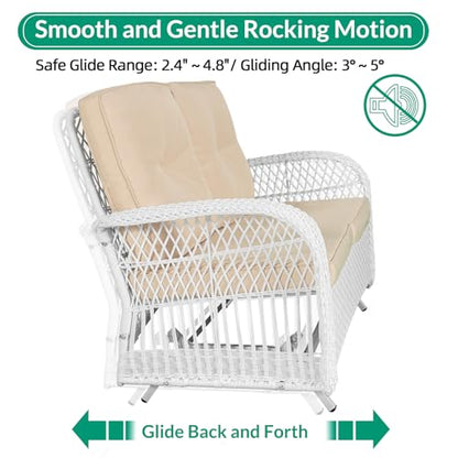 4-Piece Outdoor Patio White Wicker Conversation Sets, All Weather Outdoor Rattan Furniture Set Includes Glider Loveseat, Coffee Table, 2 Rocking Chairs with Cushions for Backyard, Beige