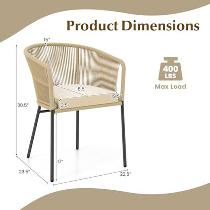Patio Chairs Set of 4, Outdoor Accent Chairs with Woven Rope Curved Backrest & Armrests, Seat Cushion, Adjustable Foot Pads, Modern Dining Chair for Dining Room, Patio, Backyard, Beige