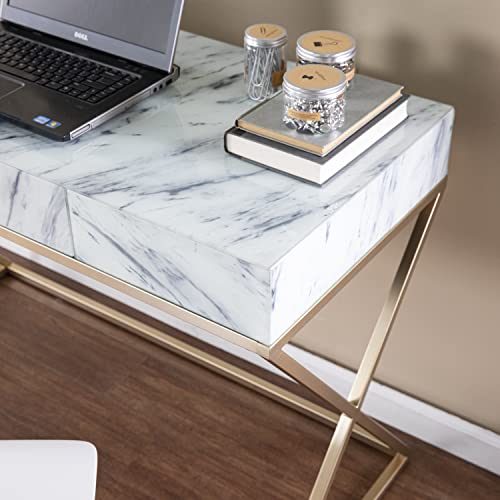 Kamblemore Faux Marble Writing Desk with Storage - Transitional Design, White Glass and Wood - Ideal for Home Office, Bedroom (HO1152137)