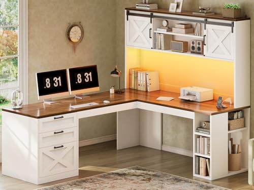 67" Farmhouse L Shaped Desk with Hutch, White+Brown, view 2