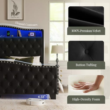 Queen Size Platform Bed Frame with 50.9" LED Headboard, Black, view 8
