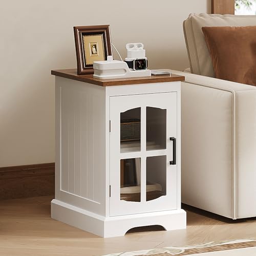 Farmhouse End Table Set of 2 with Charging Station, Nightstand with Adjustable Shelf and Glass Door, White Side Table for Living Room, Bedroom
