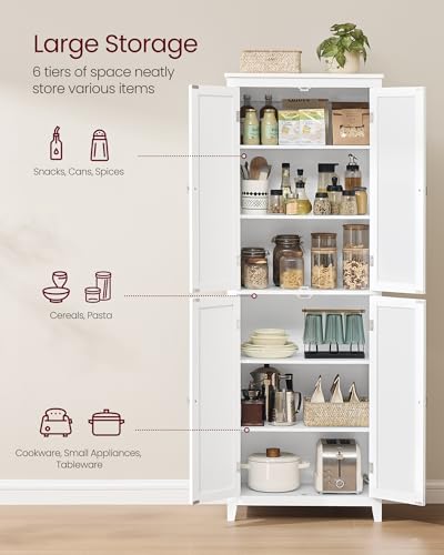 VASAGLE Floor Storage Cabinet, Freestanding Storage Unit with 4 Doors, Adjustable Shelves, 11.8 x 23.6 x 66.9 Inches, for Entryway, Bathroom, Cloud White UBBC550W01