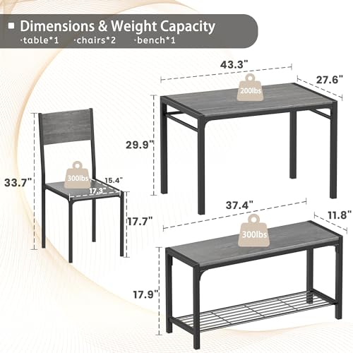43.3" Dining Table Set for 4, Kitchen Table with Bench & 2 Chairs Modern Rectangular Metal Frame Dining Furniture Set for Small Space (Grey)