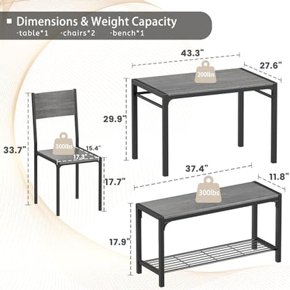 43.3" Dining Table Set for 4, Kitchen Table with Bench & 2 Chairs Modern Rectangular Metal Frame Dining Furniture Set for Small Space (Grey)