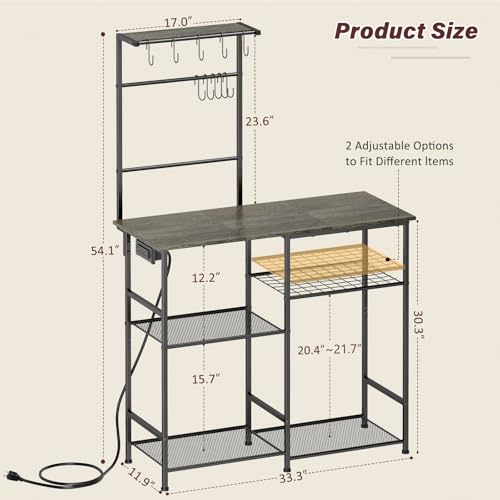 3IngSeagulls Bakers Rack with Power Outlet, Kitchen Microwave Stand with 10 S-shaped Hooks, 6-Tier Coffee Bar Station, Kitchen Storage Shelf Rack for Spices, Pots, Gray