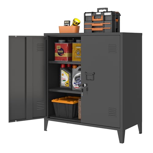 Metal Storage Cabinet 35.4”H Locking Storage Cabinet (Black) | With 2 Adjustable Shelves and Doors, Small Storage Cabinet for Home School Office Garage
