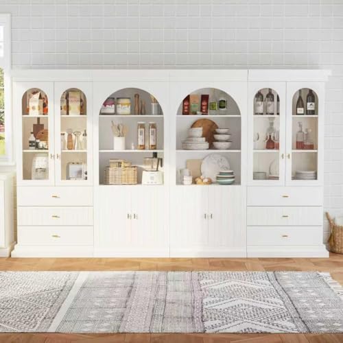 White arched kitchen pantry cabinet with gold handles, dual glass doors and open shelves, view 2