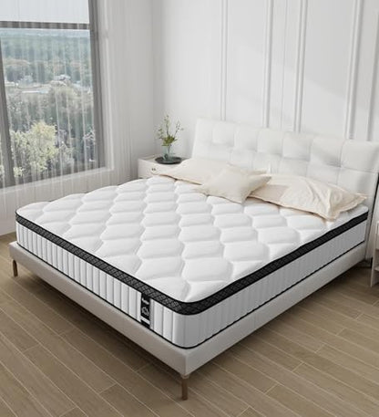 Queen Mattress,12 Inch Hybrid White Mattresses,Gel Memory Foam Spring Mattress in a Box,Medium Firm Pressure Relief
