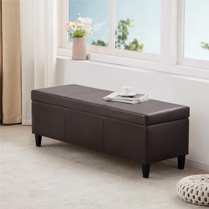Faux Leather Storage Ottoman Bench 50.3 Inch Extra Long PU Upholstered Bedroom Bench with Large Storage Space for The Living Room, Entryway, Bedroom Hold Up to 300lbs (Brown)
