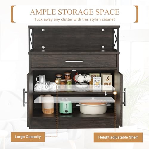 Kitchen Storage Cabinet with Adjustable Shelves and Drawers, Modern Buffet Sideboard, Wood Buffet Cabinet with Doors, Floor Cabinet Cupboard for Coffee Bar Living Room, Dark Brown