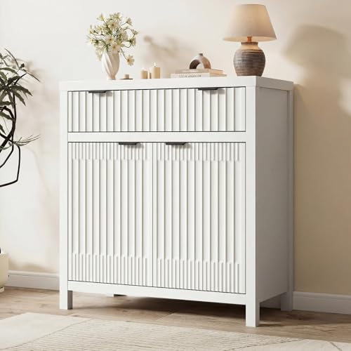 Fluted Buffet Cabinet with Storage, 34" Tall Modern Arched Sideboard Cabinet w/AdjustableShelves,Wooden Modular Coffee Bar for Dining Room, Kitchen, Living Room, Entryway, White