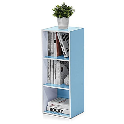 LUDER Book Shelf, 3-Cube Bookshelf, Bookcase with Open Shelves, 9.3 x 12 x 31.5, Easy Assembly, for Living Room, Bedroom, Home Office, White/Light Blue