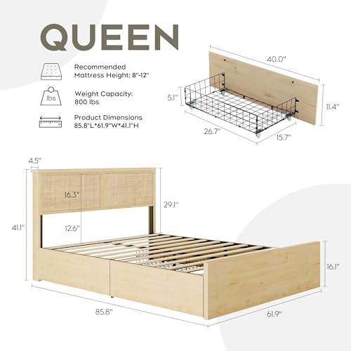Queen Bed Frame with Natural Rattan Headboard and Wooden 4 Storage Drawers, view 3