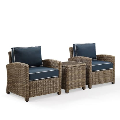 Crosley Furniture KO70052WB-NV Bradenton Outdoor Wicker 3-Piece Seating Set (2 Arm Chairs, Side Table), Weathered Brown with Navy Cushions