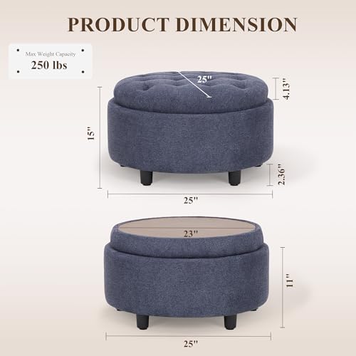 Fabric Round Storage Ottoman with Reversible Tray Lid – Multi-Functional Footrest, Hidden Storage, Sturdy & Stylish Small Coffee Table for Living Room, Bedroom, or Entryway(Blue)
