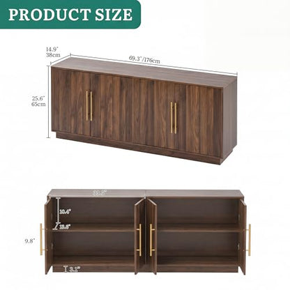 70" TV Stand for up to 80" TVs with 4 Fluted Doors, Natural Oak, view 3