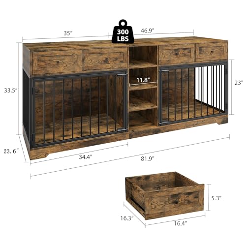 82" Large Double Dog Crate Furniture with Drawers and Shelves, Brown, view 3