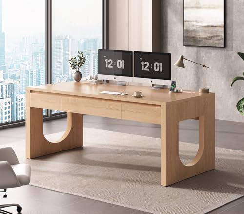 Modern Office Desk with 3 Drawers, 55" Executive Desk with U-Shaped Legs, Wood Computer Desk with Power Outlet, Home Office Desks with Relief Texture, Natrual