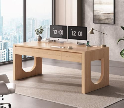 Modern Office Desk with 3 Drawers, 55" Executive Desk with U-Shaped Legs, Wood Computer Desk with Power Outlet, Home Office Desks with Relief Texture, Natrual