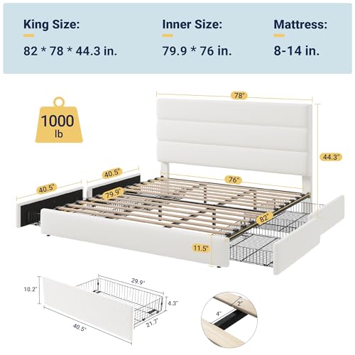 Modern King Size Platform Bed Frame with 4 Storage Drawers, view 3