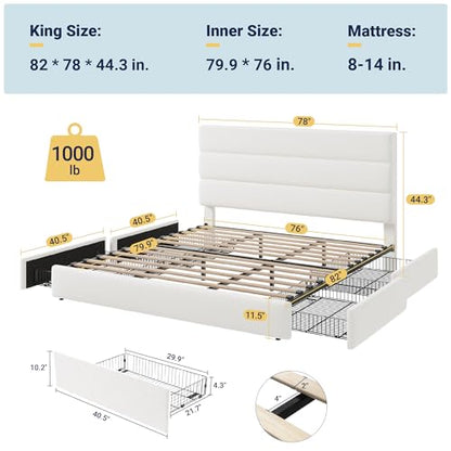 Modern King Size Platform Bed Frame with 4 Storage Drawers, view 3