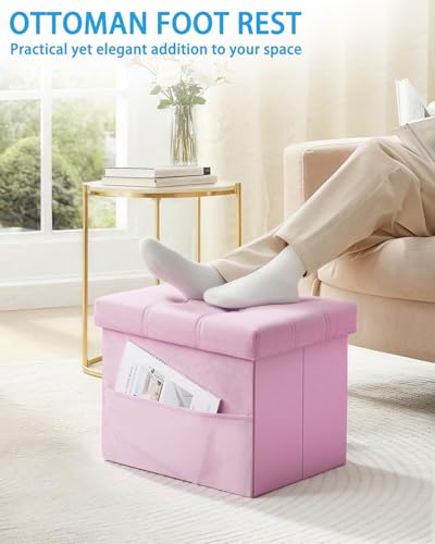Storage Ottoman Foot Stool, 17 inches Folding Ottoman with Storages, Velvet Storage Bench with Side Pocket, Foot Rest for Living Room, Bedroom (Pink)