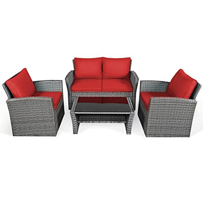 4 Pieces Patio Rattan Furniture Set, Outdoor Wicker Sofa Set with Tempered Glass Coffee Table, Cushions, All Weather Rattan Conversation Set for Yard Balcony Backyard Pool (Red)