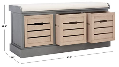 SAFAVIEH Home Collection – Briar 3-Drawer Upholstered Storage Bench, Farmhouse Entryway Accent Bench with Cushion Top, Distressed Grey Frame & Sand Drawer Fronts (BCH5700C)